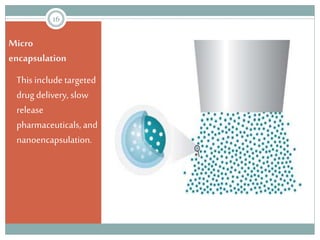 Micro
encapsulation
This include targeted
drug delivery, slow
release
pharmaceuticals, and
nanoencapsulation.
16
 