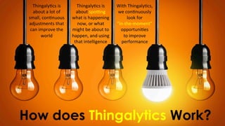 How does Thingalytics Work?
Thingaly)cs	
  is	
  
about	
  a	
  lot	
  of	
  
small,	
  con)nuous	
  
adjustments	
  that	
  
can	
  improve	
  the	
  
world
Thingaly)cs	
  is	
  
about	
  spo;ng	
  
what	
  is	
  happening	
  
now,	
  or	
  what	
  
might	
  be	
  about	
  to	
  	
  
happen,	
  and	
  using	
  
that	
  intelligence	
  
With	
  Thingaly)cs,	
  
we	
  con)nuously	
  
look	
  for	
  	
  
“in-­‐the-­‐moment”	
  	
  
opportuni)es	
  
to	
  improve	
  
performance
 