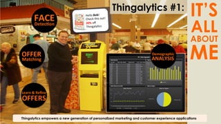Thingalytics empowers a new generation of personalized marketing and customer experience applications
FACE	
  
Detec@on	
  
	
  
OFFER	
  
Matching	
  
	
  
Learn	
  &	
  Reﬁne	
  
OFFERS	
  
	
  
Hello	
  Bob!	
  
Check	
  this	
  out!	
  
20%	
  oﬀ	
  
Thingaly)cs	
  
Thingalytics #1:
IT’S
ALL
ABOUT
MEDemographic	
  
ANALYSIS	
  
	
  
 