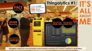 Thingalytics empowers a new generation of personalized marketing and customer experience applications
FACE	
  
Detec@on	
  
	
  
OFFER	
  
Matching	
  
	
  
Learn	
  &	
  Reﬁne	
  
OFFERS	
  
	
  
Hello	
  Bob!	
  
Check	
  this	
  out!	
  
20%	
  oﬀ	
  
Thingaly)cs	
  
Thingalytics #1:
IT’S
ALL
ABOUT
MEDemographic	
  
ANALYSIS	
  
	
  
Eﬀec@veness	
  
ANALYSIS	
  
	
  
 