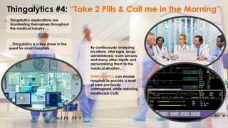 Thingalytics #4: “Take 2 Pills & Call me in the Morning”
Thingalytics applications are
manifesting themselves throughout
the medical industry …
…Thingalytics is a key driver in the
quest for smart hospitals By continuously analyzing
locations, vital signs, drugs
administered, room sensors,
and many other inputs and
personalizing them to the
medical situation…
THINGALYTICS can enable
hospitals to provide a level
of care previously
unimagined, while reducing
healthcare costs
 