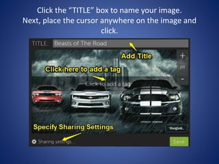 Click the “TITLE” box to name your image.
Next, place the cursor anywhere on the image and
click.
 