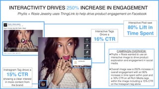 INTERACTIVITY DRIVES 250% INCREASE IN ENGAGEMENT
Phyllis + Rosie Jewelry uses ThingLink to help drive product engagement on Facebook
Interactive Tags
Drove a
16% CTR
CAMPAIGN OVERVIEW:
•Phyllis + Rosie wanted to use an
interactive image to drive product
exploration and engagement in social
media
•Overall image saw a 250% increase in
overall engagement with an 80%
increase in time spent within post and
a 16% CTR on all Rich Media tags
within the image including a 15% CTR
on the Instagram tag alone
Instragram Tag drove a
15% CTR
showing a clear interest
in more content from
the brand
Interactive Post saw
80% Lift in
Time Spent
 