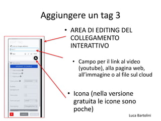 Luca Bartolini
Aggiungere un tag 3
• AREA DI EDITING DEL
COLLEGAMENTO
INTERATTIVO
• Campo per il link al video
(youtube), alla pagina web,
all’immagine o al file sul cloud
• Icona (nella versione
gratuita le icone sono
poche)
 