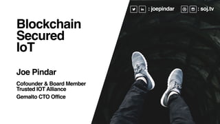 Blockchain
Secured
IoT
Joe Pindar
Cofounder & Board Member
Trusted IOT Alliance
Gemalto CTO Office
: joepindar : soj.tv
 