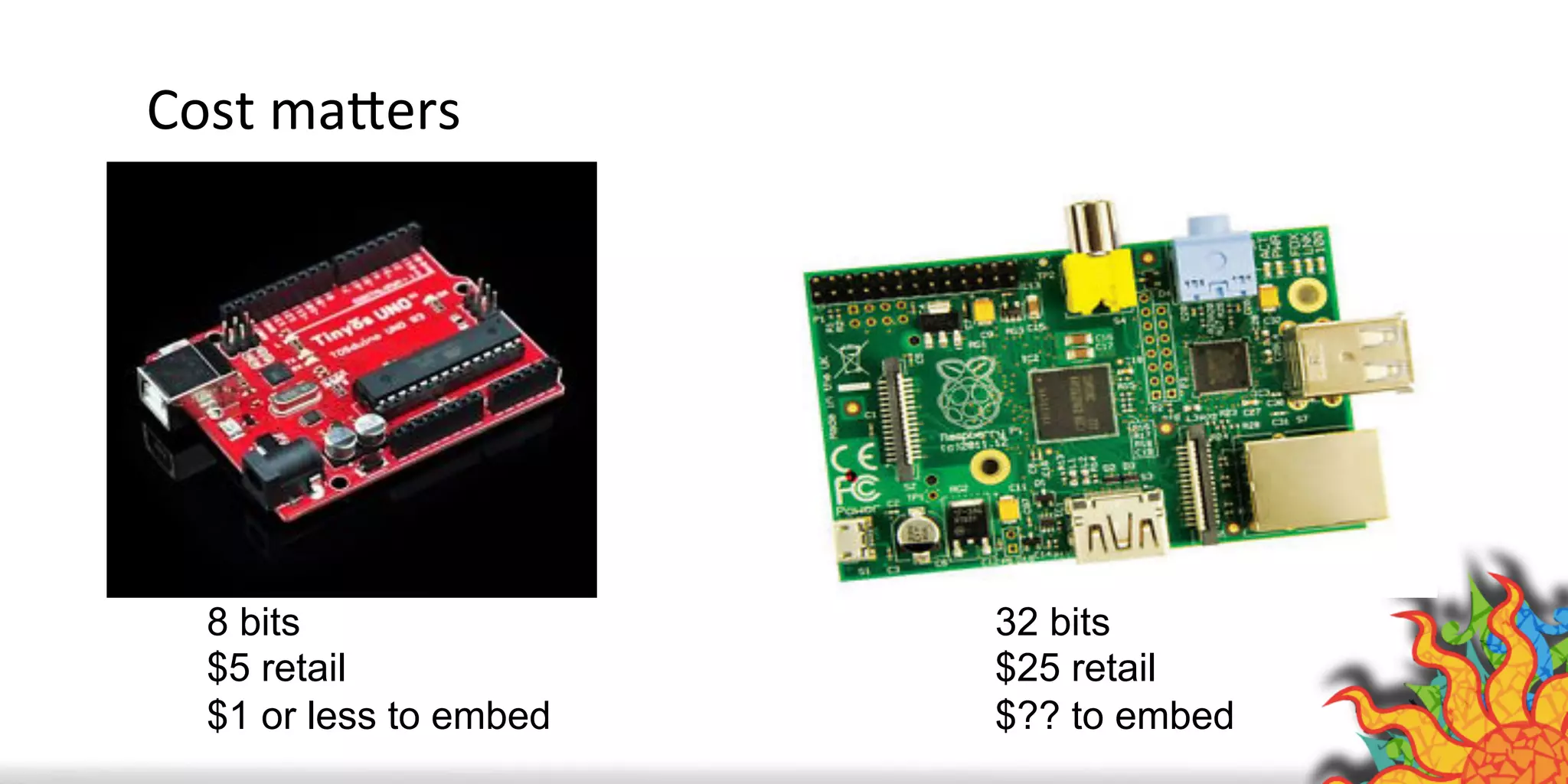 Cost	
  maAers	
  
8 bits
$5 retail
$1 or less to embed
32 bits
$25 retail
$?? to embed
 