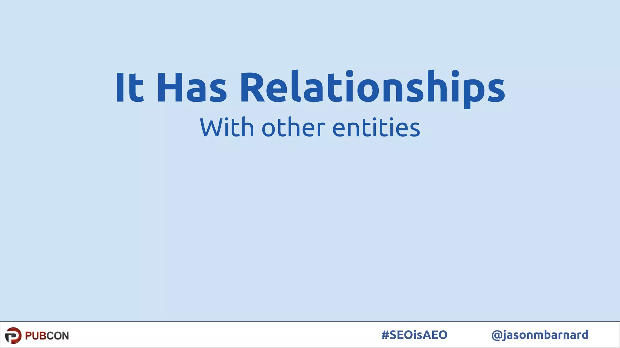 7#SEOisAEO @jasonmbarnard
It Has Relationships
With other entities
 
