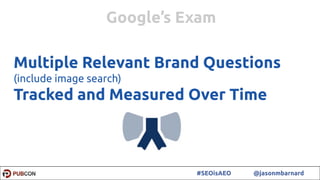 60#SEOisAEO @jasonmbarnard
Multiple Relevant Brand Questions
(include image search)
Tracked and Measured Over Time
Google’s Exam
 
