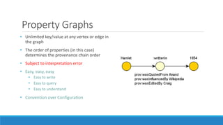 Property Graphs
• Unlimited key/value at any vertex or edge in
the graph
• The order of properties (in this case)
determines the provenance chain order
• Subject to interpretation error
• Easy, easy, easy
• Easy to write
• Easy to query
• Easy to understand
• Convention over Configuration
 