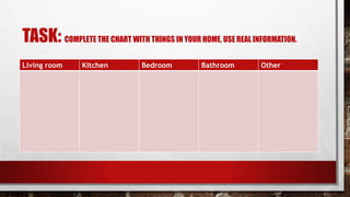 TASK: COMPLETE THE CHART WITH THINGS IN YOUR HOME, USE REAL INFORMATION.
Living room Kitchen Bedroom Bathroom Other
 
