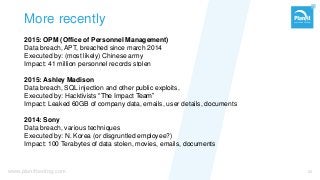 www.planittesting.com
More recently
2015: OPM (Office of Personnel Management)
Data breach, APT, breached since march 2014
Executed by: (most likely) Chinese army
Impact: 41 million personnel records stolen
2015: Ashley Madison
Data breach, SQL injection and other public exploits,
Executed by: Hacktivists “The Impact Team”
Impact: Leaked 60GB of company data, emails, user details, documents
2014: Sony
Data breach, various techniques
Executed by: N. Korea (or disgruntled employee?)
Impact: 100 Terabytes of data stolen, movies, emails, documents
20
 
