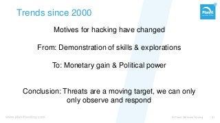 www.planittesting.com
Trends since 2000
Motives for hacking have changed
From: Demonstration of skills & explorations
To: Monetary gain & Political power
Conclusion: Threats are a moving target, we can only
only observe and respond
© Planit Software Testing 21
 