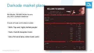 www.planittesting.com
Darkode market place
© Planit Software Testing 25
Worldwide: 700-800 Hacker forums
July 2015: Darkode takedown
3 levels of trade on the black market:
Skills: Top-end, highly skilled people
Tools: Hack & deception tools
Data: Personal data, stolen bank cards
 