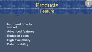 Products
Feature
Improved time to
market
Advanced features
Reduced costs
High availability
Data durability
 