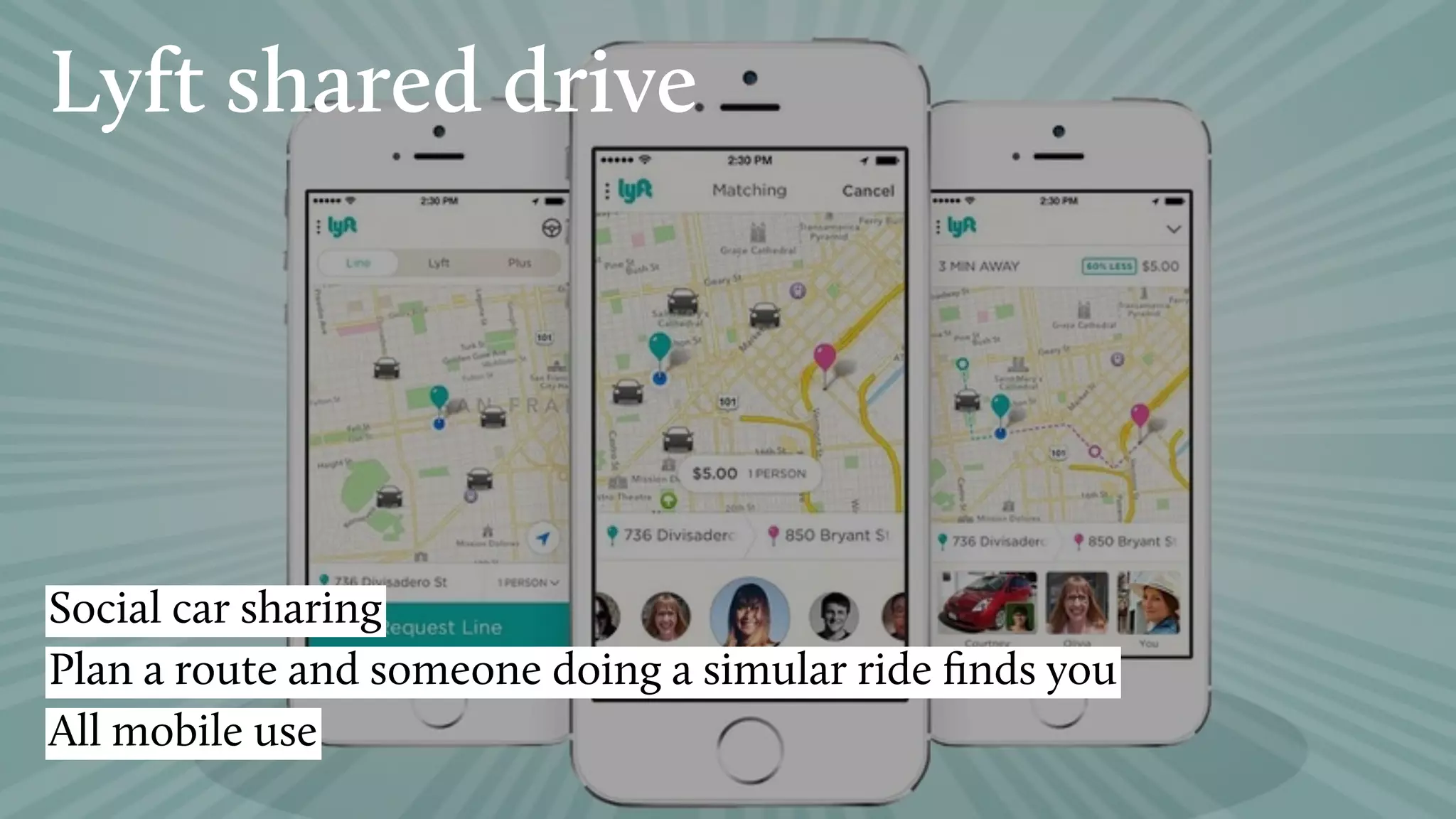 Lyft shared drive
Social car sharing
Plan a route and someone doing a simular ride ﬁnds you
All mobile use
 