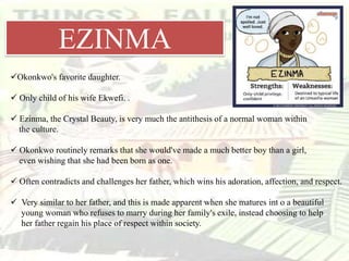 EZINMA
Okonkwo's favorite daughter.
 Only child of his wife Ekwefi. .
 Ezinma, the Crystal Beauty, is very much the antithesis of a normal woman within
the culture.
 Okonkwo routinely remarks that she would've made a much better boy than a girl,
even wishing that she had been born as one.
 Often contradicts and challenges her father, which wins his adoration, affection, and respect.
 Very similar to her father, and this is made apparent when she matures int o a beautiful
young woman who refuses to marry during her family's exile, instead choosing to help
her father regain his place of respect within society.
 
