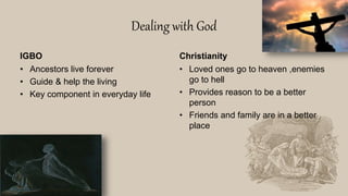 Dealing with God
IGBO
• Ancestors live forever
• Guide & help the living
• Key component in everyday life
Christianity
• Loved ones go to heaven ,enemies
go to hell
• Provides reason to be a better
person
• Friends and family are in a better
place
 