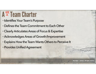Russ Unger | @russu | GE Capital Americas
A Team Charter
• IdentifiesYourTeam’sPurpose
• Defines theTeamCommitmentto EachOther
• ClearlyArticulatesAreasof Focus&Expertise
• AcknowledgesAreasof Growth/Improvement
• Explains HowtheTeamWantsOtherstoPerceiveIt
• Provides UnifiedAgreement
UX
^
 