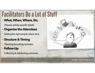 Russ Unger | @russu | GE Capital Americas
Facilitators Do a Lot of Stuff
• What,When,Where,Etc.
Prepareactivity-specificdetails
• Organize theAttendees
Getting the right people,place,time
• Structure&Timing
Planningtheactivity/activities
• Follow-Up
Collecting& distributingoutcomes
 