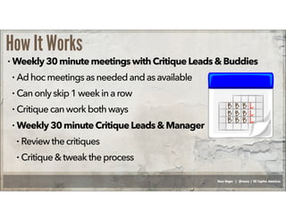 Russ Unger | @russu | GE Capital Americas
How It Works
• Weekly30minutemeetingswithCritiqueLeads & Buddies
• Ad hoc meetingsasneededandas available
• Canonlyskip1week in a row
• Critiquecanworkboth ways
• Weekly30minuteCritiqueLeads& Manager
• Reviewthecritiques
• Critique&tweaktheprocess
B B B L
B B B L
B B B L
 