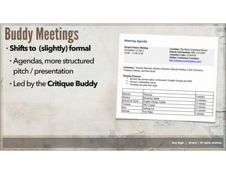 Russ Unger | @russu | GE Capital Americas
Buddy Meetings
• Shifts to (slightly)formal
• Agendas,morestructured
pitch/ presentation
• LedbytheCritiqueBuddy
 