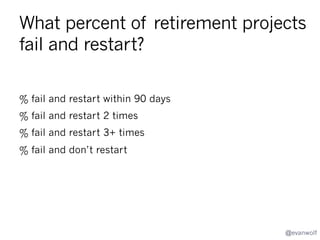 What percent of product endings
result in something other than
shutting down?
% handed off to another part of the organization
% sold to a company
% donated to an NGO
% released to open source

@evanwolf

 