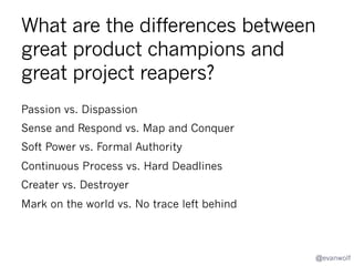 Done
Let me ask
you a fewKill?
Signals
questions
about your
own product
hospice
experiences.

Map

Plan
How?
Stage

Deploy

Close Out

Done

@evanwolf

 