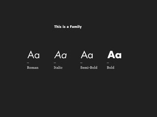 This is a Family




Aa
_
        Aa
        _
                       Aa
                       _
                                   Aa
                                   _
Roman   Italic         Semi-Bold   Bold
 