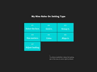My Nine Rules On Setting Type


      01             02                          03

Select the face.   Grid it.                 Group it.

      04             05                          06

 Size matters.     Color.                    Align it.

      07

Adjust leading.


                       +
                       To achieve readability, I adjust the leading.
                       99% of the time, its never right by default.
 
