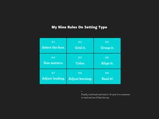 My Nine Rules On Setting Type


      01                 02                          03

Select the face.       Grid it.                 Group it.

      04                 05                          06

 Size matters.         Color.                   Align it.

      07                 08                          09

Adjust leading.    Adjust kerning.               Read it!


                           +
                           Finally, look back and read it. Or give it to someone
                           to read and see if they hiccup.
 