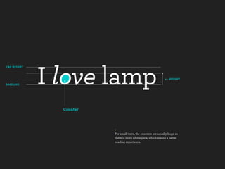 CAP HEIGHT



                                                              x - HEIGHT

BASELINE




             Counter




                       +
                       For small texts, the counters are usually huge so
                       there is more whitespace, which means a better
                       reading experience.
 