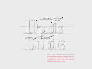 +
Which x-height to deﬁne? Which descender depth?
Deﬁning these proportions are essential, and very
strongly connected to the purpose of the type.
The proportions within a certain typeface inﬂuence
the way your type will work & look.
 