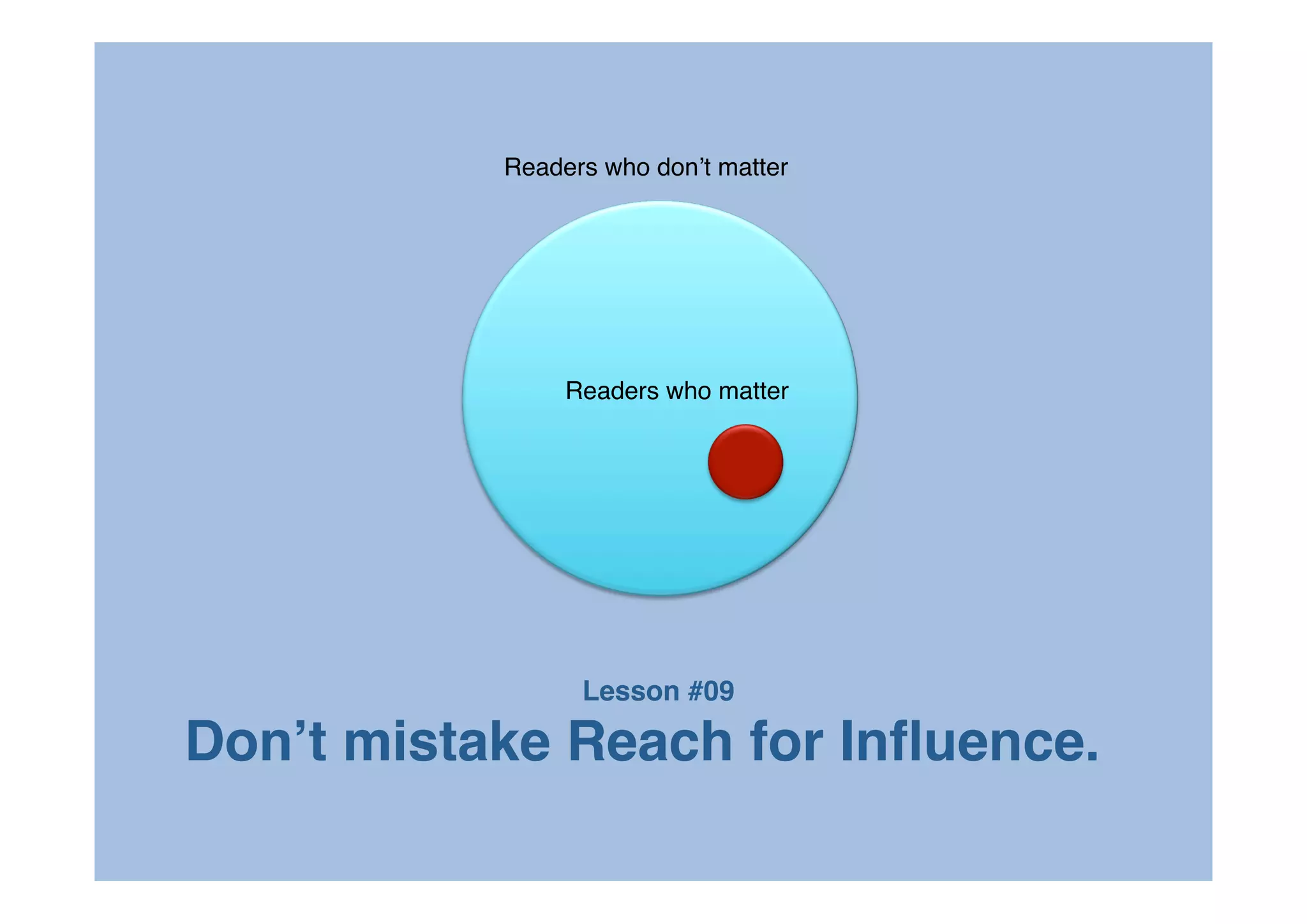 Readers who donʼt matter




                Readers who matter




                 Lesson #09

Donʼt mistake Reach for Inﬂuence.
 