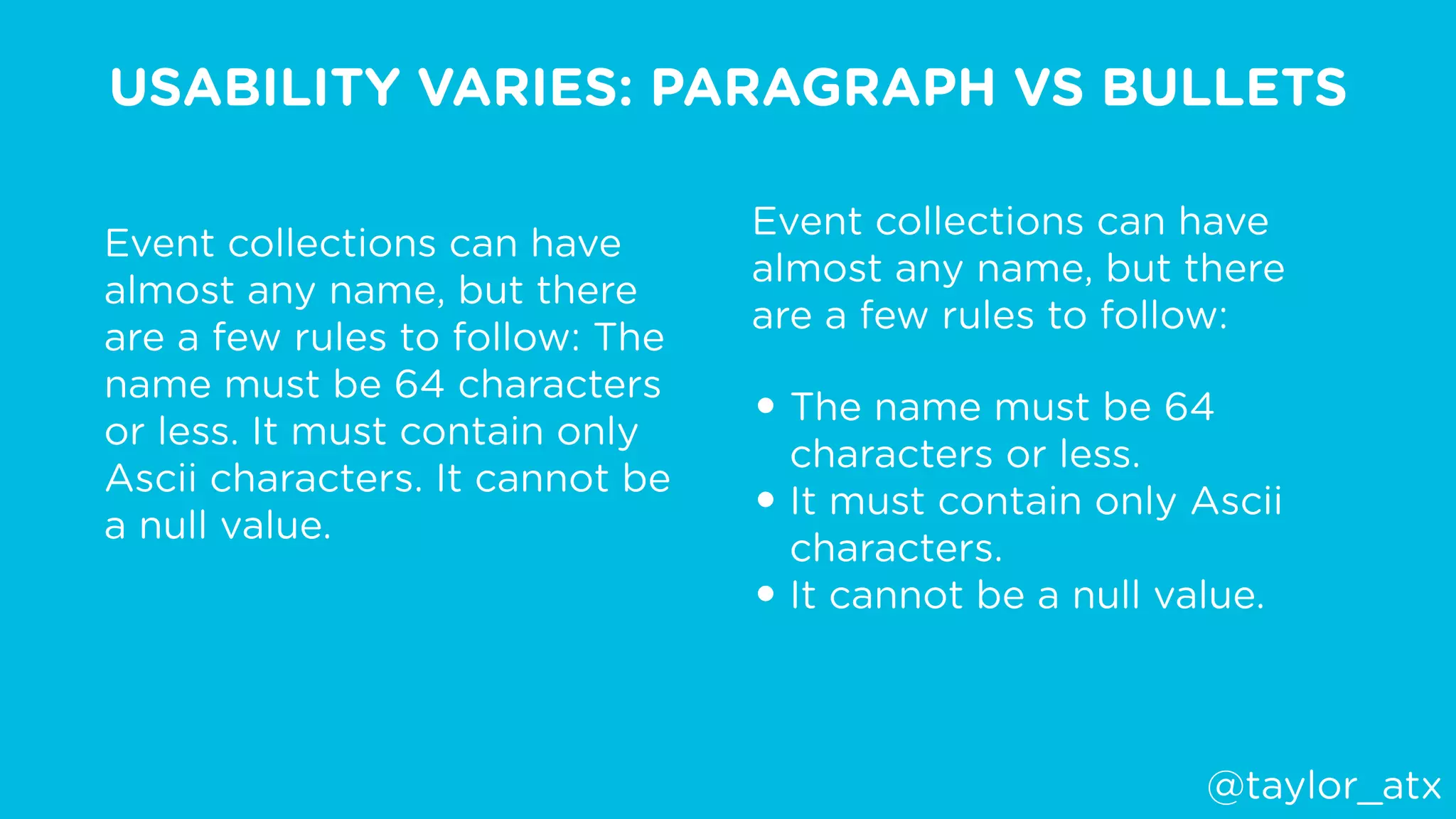 USABILITY VARIES: PARAGRAPH VS BULLETS
Event collections can have
almost any name, but there
are a few rules to follow: The
name must be 64 characters
or less. It must contain only
Ascii characters. It cannot be
a null value. 
Event collections can have
almost any name, but there
are a few rules to follow:
• The name must be 64
characters or less.
• It must contain only Ascii
characters.
• It cannot be a null value.
@taylor_atx
 