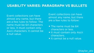 USABILITY VARIES: PARAGRAPH VS BULLETS
Event collections can have
almost any name, but there
are a few rules to follow: Th...