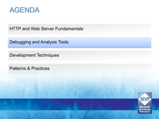 AGENDA

HTTP and Web Server Fundamentals

Debugging and Analysis Tools

Development Techniques

Patterns & Practices
 