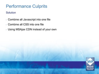Performance Culprits
Solution

•   Combine all Javascript into one file
•   Combine all CSS into one file
•   Using MSAjax CDN instead of your own
 