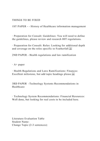 THINGS TO BE FIXED
1ST PAPER - - History of Healthcare information management
· Preparation for Consult: Guidelines: You will need to define
the guidelines, please review and research HIT regulations.
· Preparation for Consult: Roles: Looking for additional depth
and coverage on the roles specific to Featherfall.
2ND PAPER - Health regulations and law ramification
· A+ paper
· Health Regulations and Laws Ramifications: Finances:
Excellent milestone, but add topic headings please.
3RD PAPER -Technology Systems Recommendations in
Healthcare
· Technology System Recommendations: Financial Resources:
Well done, but looking for real costs to be included here.
Literature Evaluation Table
Student Name:
Change Topic (2-3 sentences):
 