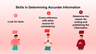 Skills in Determining Accurate Information
Look for facts
1
Cross-reference
with other
source for
consistency
2
Determine the
reason for
writing and
publishing the
information
3
 