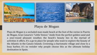 Playa de Mogan
Playa de Mogan is a secluded man-made beach at the foot of the ravine in Puerto
de Mogan, Gran Canaria’s “Little Venice.” Aside from the perfect golden sand and
a year-round pleasant weather, the beach’s beauty lies in the myriad of
activities it offers. It’s a go-to place for people who want to explore the beauty of
the Atlantic in the Canary Islands. Crowning a charismatic village and close to a
busy harbor, it’s no wonder why people choose this as the ultimate holiday
destination in Spain.
 