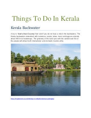 Things To Do In Kerala
Kerala Backwater
A trip to ‘God’s Own Country’ feel void if you do not have a ride in the backwaters. The
Kerala backwaters networked with numerous canals, lakes, rivers and lagoons extends
about 900 km of waterways. The greenery of the land sync with the candid rural life of
the people will attract both international and domestic tourists alike.
http://tripplanners.co.in/holidays-in-india/kerala-tour-packages/
 