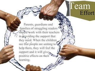 Parents, guardians and
families of struggling readers
should work with their teachers
in providing the support that
they need. When the children
see that people are uniting to
help them, they will feel the
support and it will give
positive effects on their
learning.
Team
Effort
 