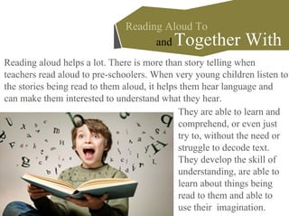 Reading aloud helps a lot. There is more than story telling when
teachers read aloud to pre-schoolers. When very young children listen to
the stories being read to them aloud, it helps them hear language and
can make them interested to understand what they hear.
and Together With
Reading Aloud To
They are able to learn and
comprehend, or even just
try to, without the need or
struggle to decode text.
They develop the skill of
understanding, are able to
learn about things being
read to them and able to
use their imagination.
 