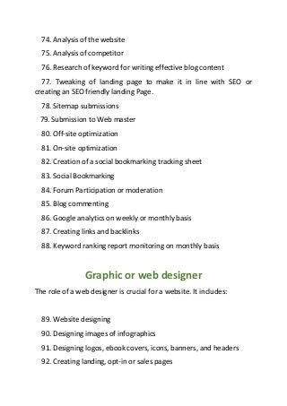 74. Analysis of the website
75. Analysis of competitor
76. Research of keyword for writing effective blog content
77. Tweaking of landing page to make it in line with SEO or
creating an SEO friendly landing Page.
78. Sitemap submissions
79. Submission to Web master
80. Off-site optimization
81. On-site optimization
82. Creation of a social bookmarking tracking sheet
83. Social Bookmarking
84. Forum Participation or moderation
85. Blog commenting
86. Google analytics on weekly or monthly basis
87. Creating links and backlinks
88. Keyword ranking report monitoring on monthly basis
Graphic or web designer
The role of a web designer is crucial for a website. It includes:
89. Website designing
90. Designing images of infographics
91. Designing logos, ebook covers, icons, banners, and headers
92. Creating landing, opt-in or sales pages
 