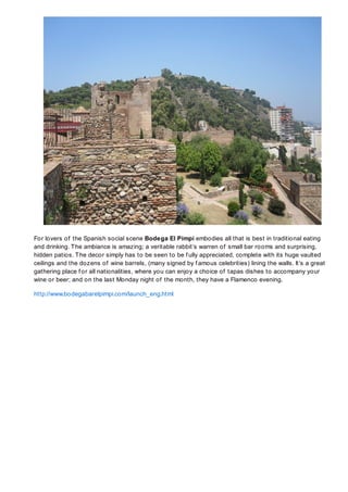 For lovers of the Spanish social scene Bodega El Pimpi embodies all that is best in traditional eating
and drinking. T he ambiance is amazing; a veritable rabbit’s warren of small bar rooms and surprising,
hidden patios. T he decor simply has to be seen to be f ully appreciated, complete with its huge vaulted
ceilings and the dozens of wine barrels, (many signed by f amous celebrities) lining the walls. It’s a great
gathering place f or all nationalities, where you can enjoy a choice of tapas dishes to accompany your
wine or beer; and on the last Monday night of the month, they have a Flamenco evening.

http://www.bodegabarelpimpi.com/launch_eng.html
 