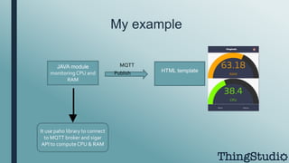 My example
HTML template
JAVA module
monitoring CPU and
RAM
MQTT
It use paho library to connect
to MQTT broker and sigar
API to compute CPU & RAM
Publish
 