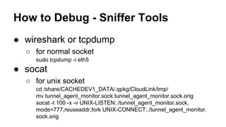 How to Debug - Sniffer Tools 
● wireshark or tcpdump 
○ for normal socket 
sudo tcpdump -i eth5 
● socat 
○ for unix socket 
cd /share/CACHEDEV1_DATA/.qpkg/CloudLink/tmp/ 
mv tunnel_agent_monitor.sock tunnel_agent_monitor.sock.orig 
socat -t 100 -x -v UNIX-LISTEN:./tunnel_agent_monitor.sock, 
mode=777,reuseaddr,fork UNIX-CONNECT:./tunnel_agent_monitor. 
sock.orig 
 