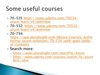  70-535 https://www.udemy.com/70534-
azure/learn/v4/overview
 70-532: https://www.udemy.com/70532-
azure/learn/v4/overview
 70-734:
https://app.pluralsight.com/library/courses/archit
ecting-azure-solutions-70-534-web-apps/table-
of-contents
 Search more:
◦ https://www.pluralsight.com/search?q=Azure
◦ https://www.udemy.com/courses/search/?q=azure
&src=ukw
 