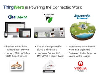 is Powering the Connected World
• Sensor-based farm
management service
• Launch: Silicon Valley
2013 Award winner
• Cloud-managed traffic
signs and sensors
• Just won Connected
World Value chain Award
• WaterWorx cloud-based
water management
• Delivered first solution to
Veolia water in April
 