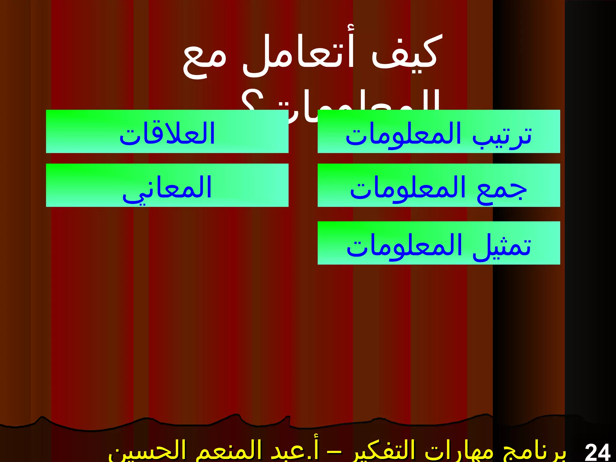 24‫الحسين‬ ‫المنعم‬ ‫أ.عبد‬ – ‫التفكير‬ ‫مهارات‬ ‫برنامج‬‫الحسين‬ ‫المنعم‬ ‫أ.عبد‬ – ‫التفكير‬ ‫مهارات‬ ‫برنامج‬‫الحسين‬ ‫المنعم‬ ‫أ.عبد‬ – ‫التفكير‬ ‫مهارات‬ ‫برنامج‬‫الحسين‬ ‫المنعم‬ ‫أ.عبد‬ – ‫التفكير‬ ‫مهارات‬ ‫برنامج‬
‫مع‬ ‫أتعامل‬ ‫كيف‬
‫المعلومات؟‬‫المعلومات‬ ‫ترتيب‬
‫المعلومات‬ ‫جمع‬
‫المعلومات‬ ‫تمثيل‬
‫العلقات‬
‫المعاني‬
 